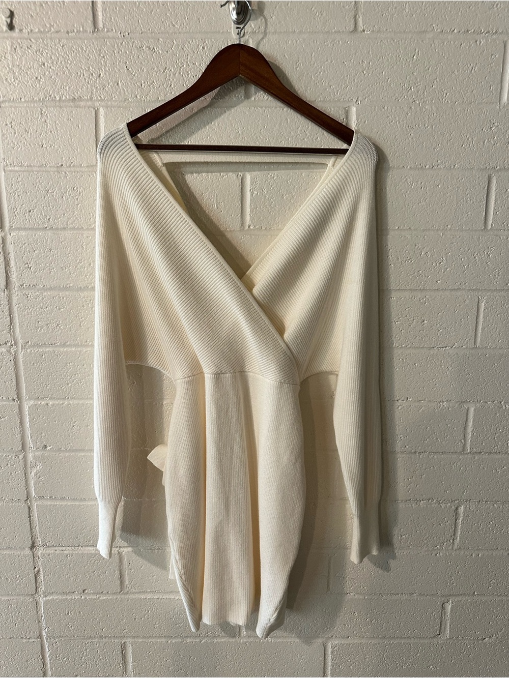Cream Wrap-Style Ribbed Knit Sweater Dress